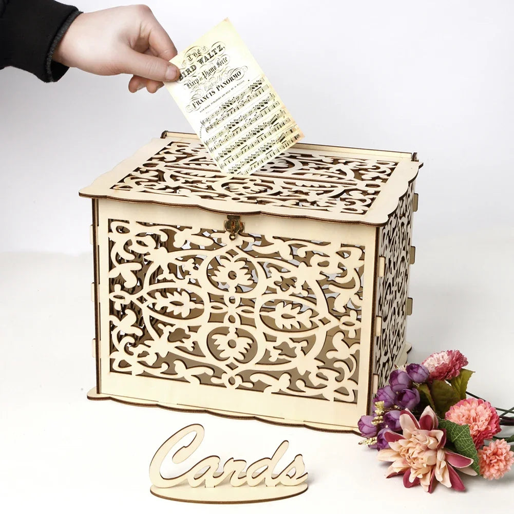 Boîte urne mariage bois champêtre à cœurs