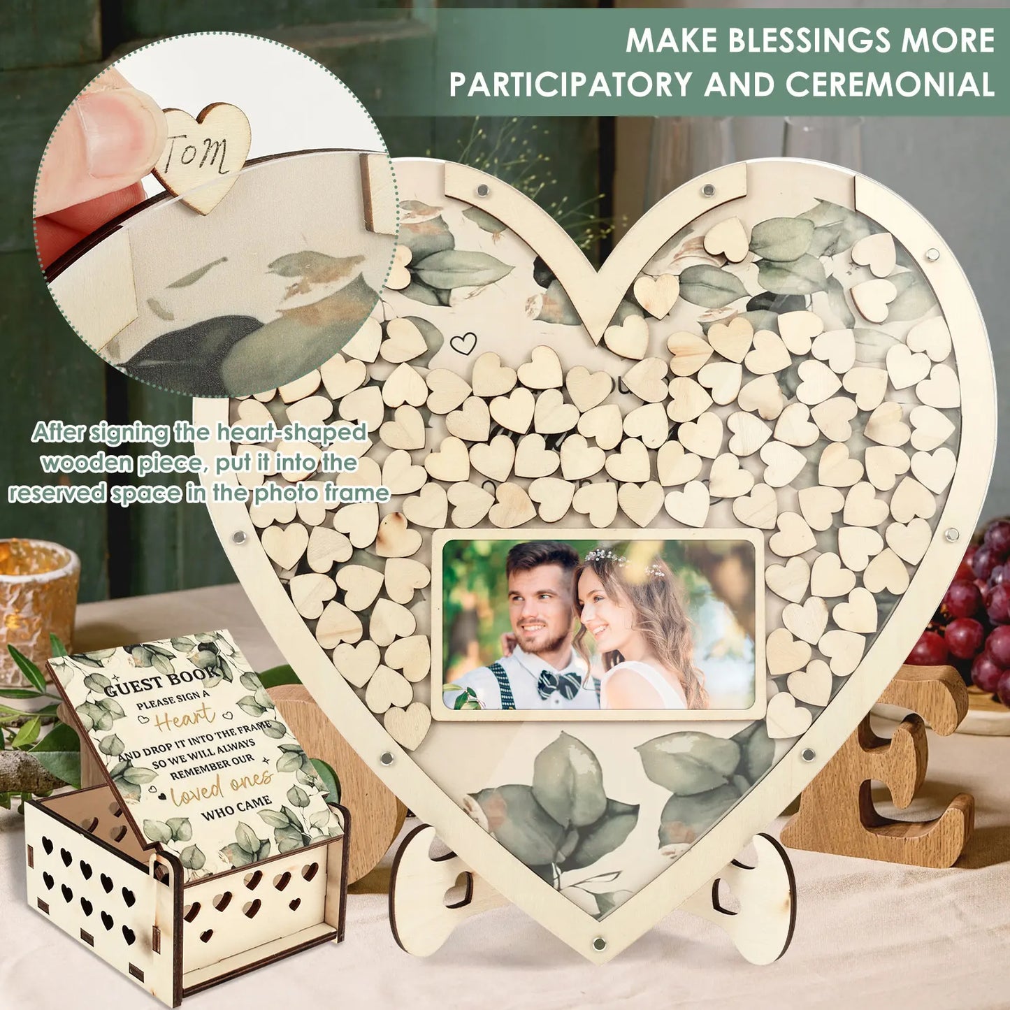 Livre d'or mariage original cœurs en bois