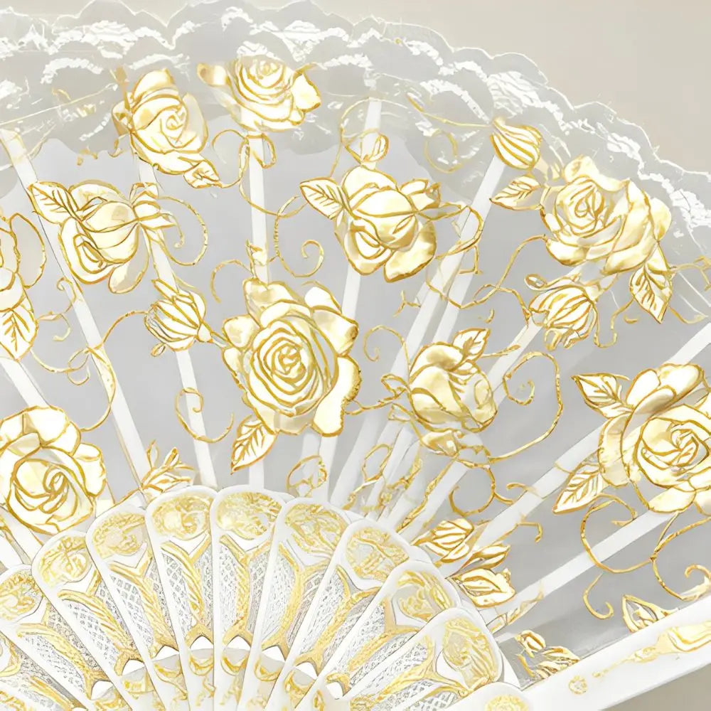 Éventail Mariage Dentelle Roses Dorées