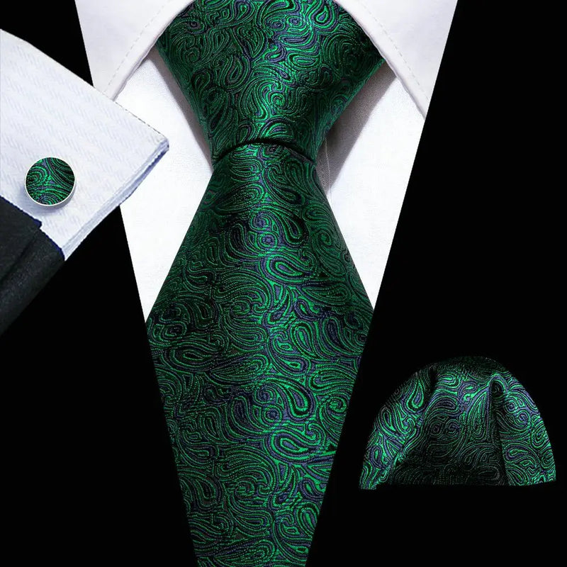 Cravate Mariage Homme Verte Pochette Boutons de Manchette — Vert Sapin Feuillage