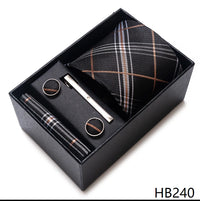 Coffret Cravate Mariage Homme Pochette et Boutons de Manchette — Noir Carreaux Beiges