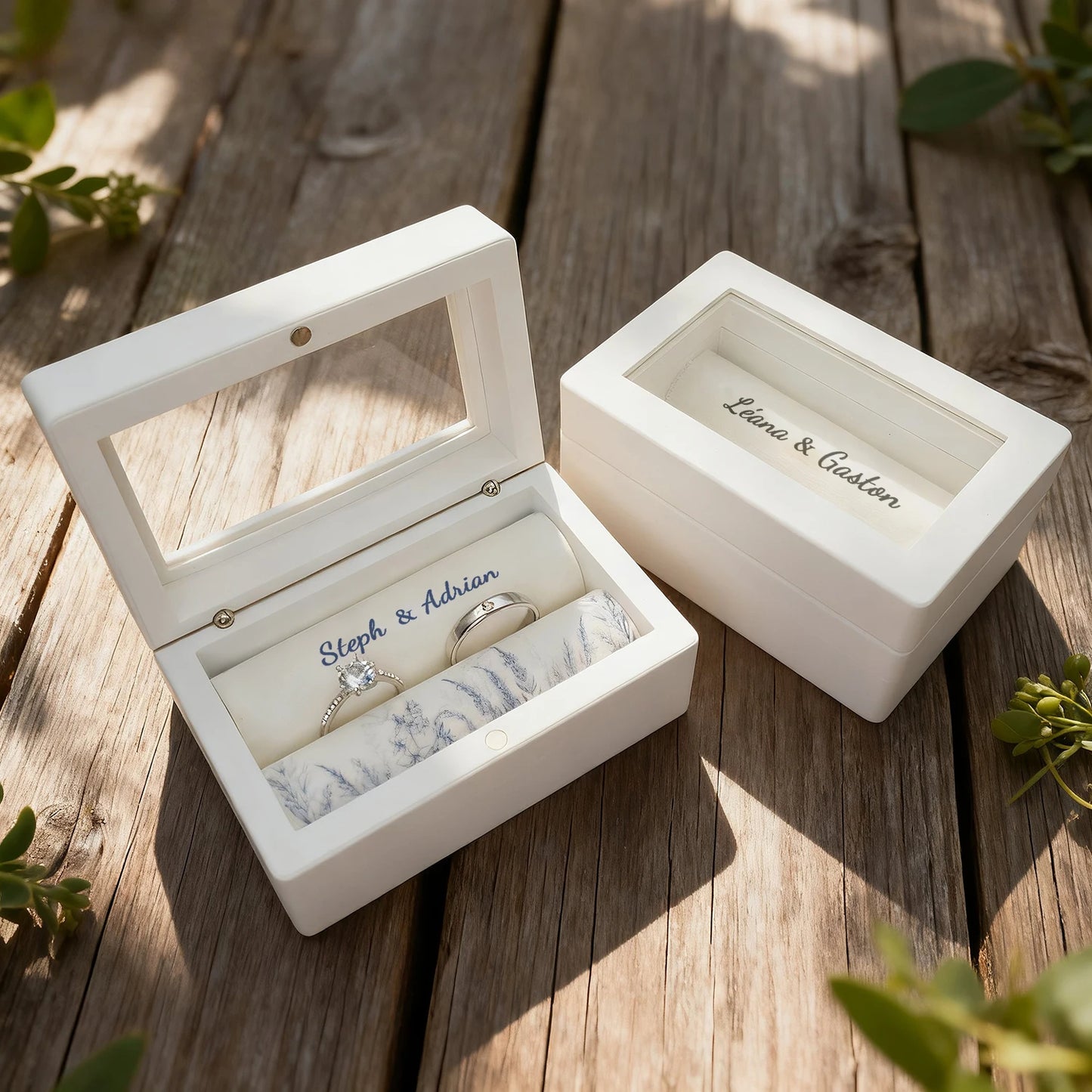 Boîte à alliance bois blanc personnalisée mariage