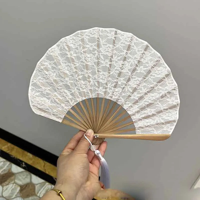 Éventail Bambou Mariage Dentelle Blanche