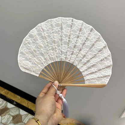 Éventail Bambou Mariage Dentelle Blanche