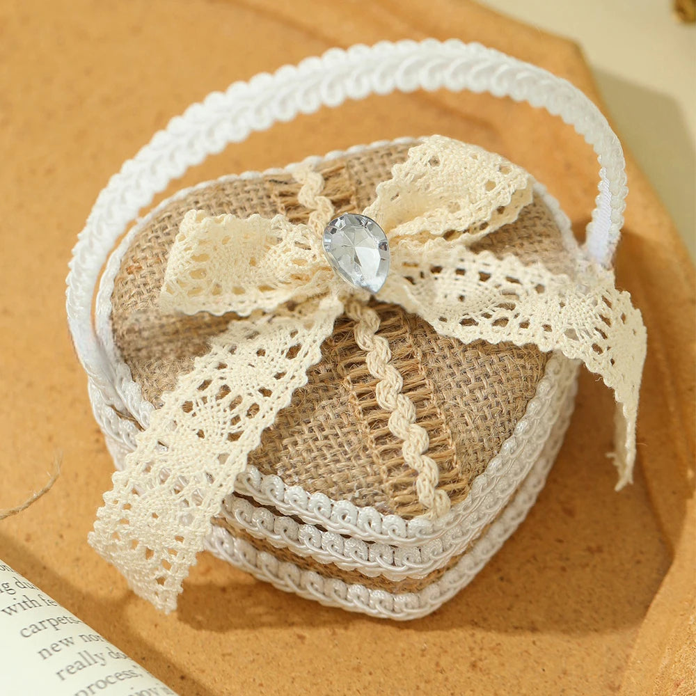 Vintage Burlap Lace Wedding Ring Box Pillow, Rustic Heart & Square Ring Bearer Box for Wedding Ceremony, Bridal Jewelry Gift Box