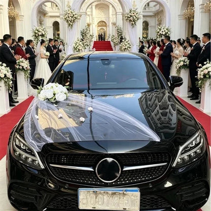 Décoration Voiture Mariage Tulle et Roses — vue 3