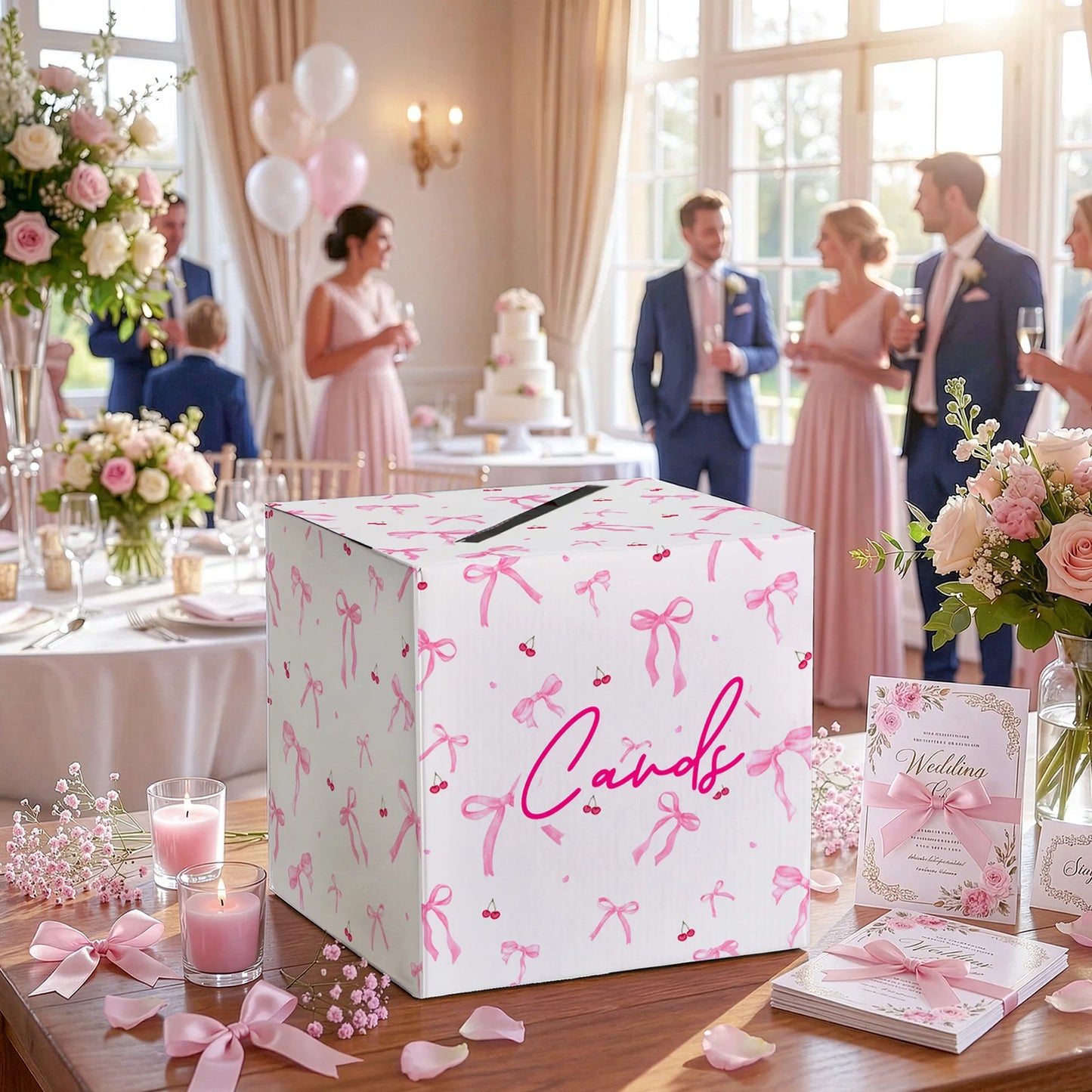 Urne Mariage Carton Nœuds Roses 22 cm