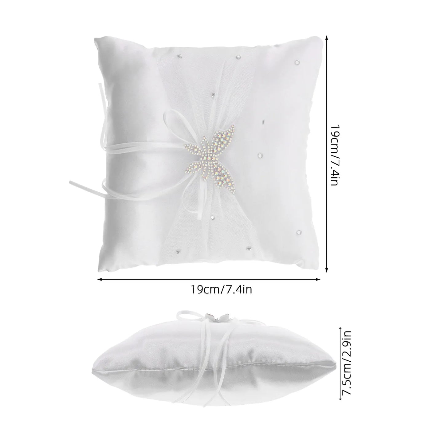 Wedding Ring Pillow White Satin Lace Rhinestone Bow Small Size Bridal Party Ring Bearer Cushion Classic Church Wedding Accessory