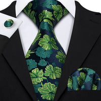 Cravate Mariage Homme Verte Pochette Boutons de Manchette — Marine Feuillage Vert