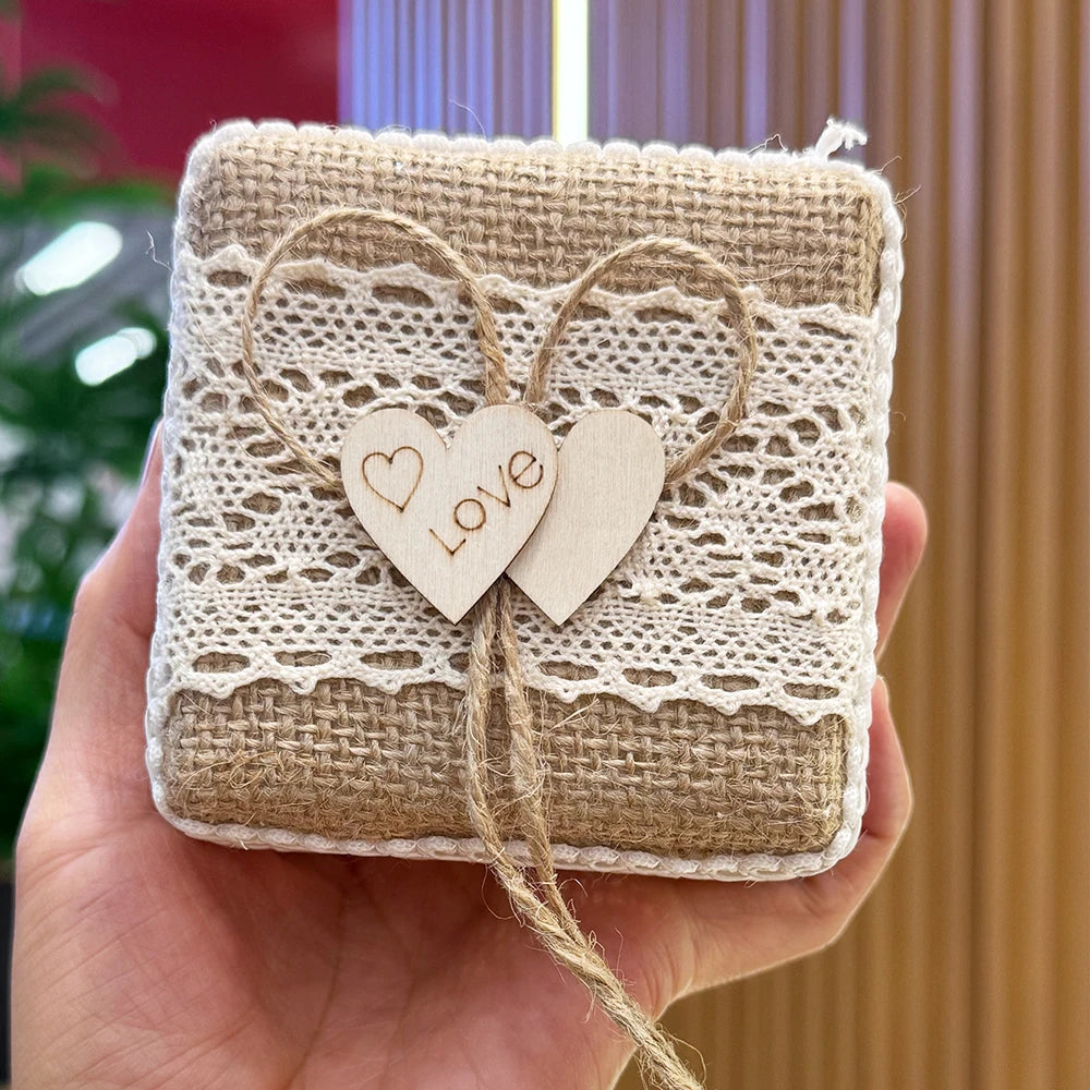 Vintage Burlap Lace Wedding Ring Box Pillow, Rustic Heart & Square Ring Bearer Box for Wedding Ceremony, Bridal Jewelry Gift Box