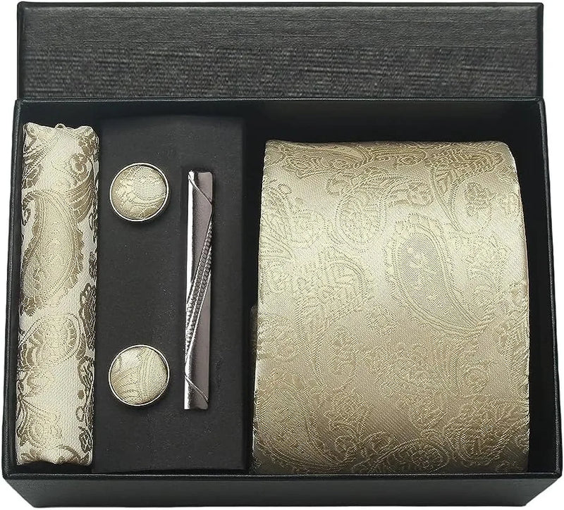 Coffret cravate mariage pochette et boutons manchette — Ivoire paisley