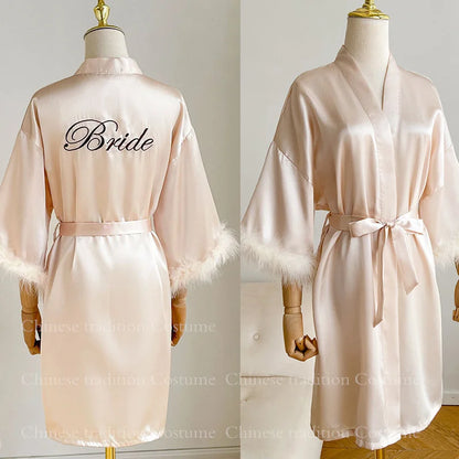 Peignoir Mariée Court Satin Plumes