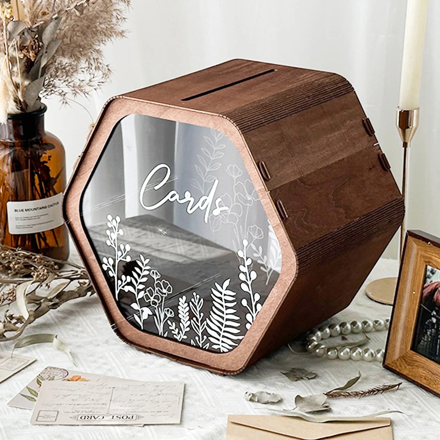 Urne mariage bois hexagonale fleurie