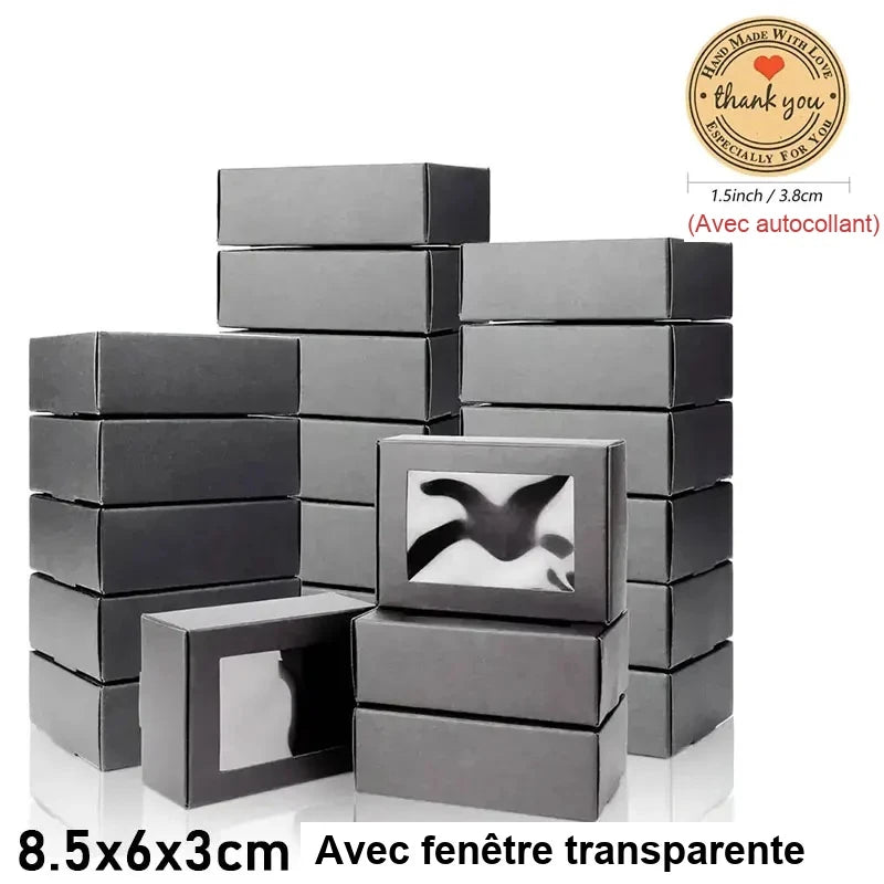 Boîte Cadeau Invité Mariage en Papier Kraft — 8,5 × 6 cm Noir, avec fenêtre