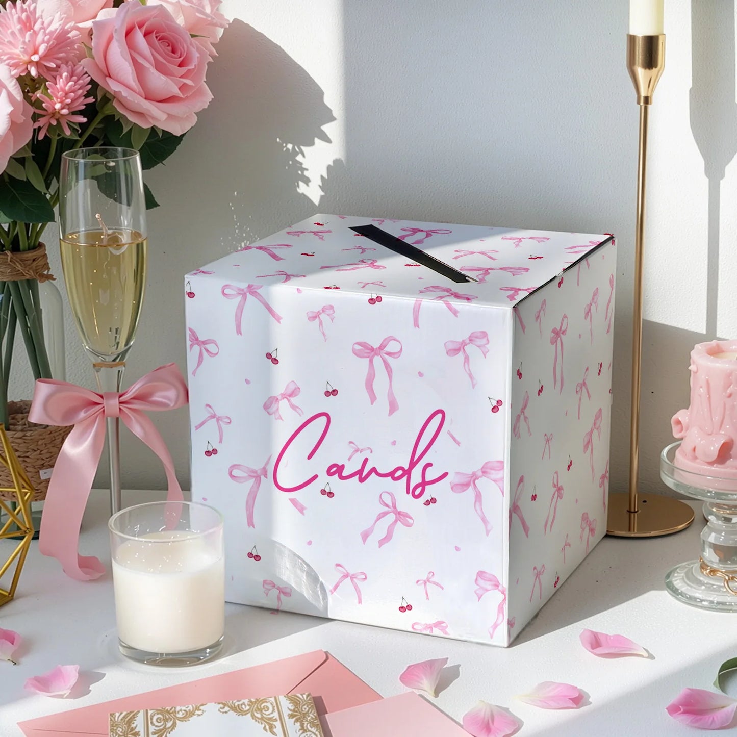 Urne Mariage Carton Nœuds Roses 22 cm