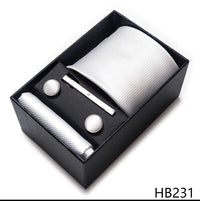 Coffret Cravate Mariage Homme Pochette et Boutons de Manchette — Blanc Argenté Uni