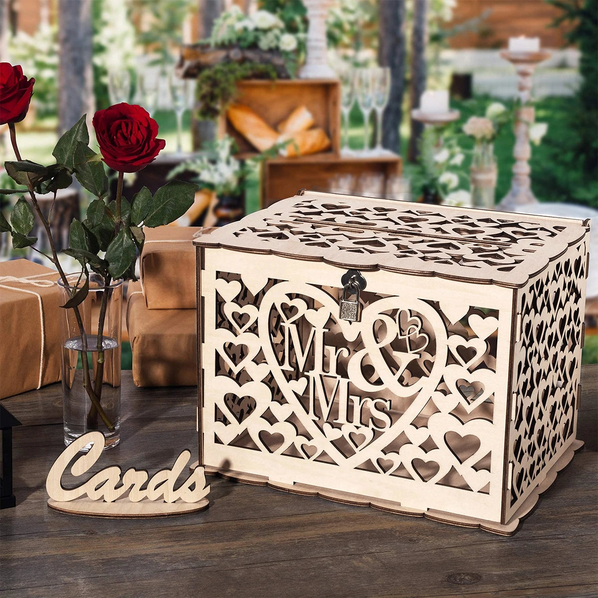 Urne Mariage en Bois avec Cadenas et Clé