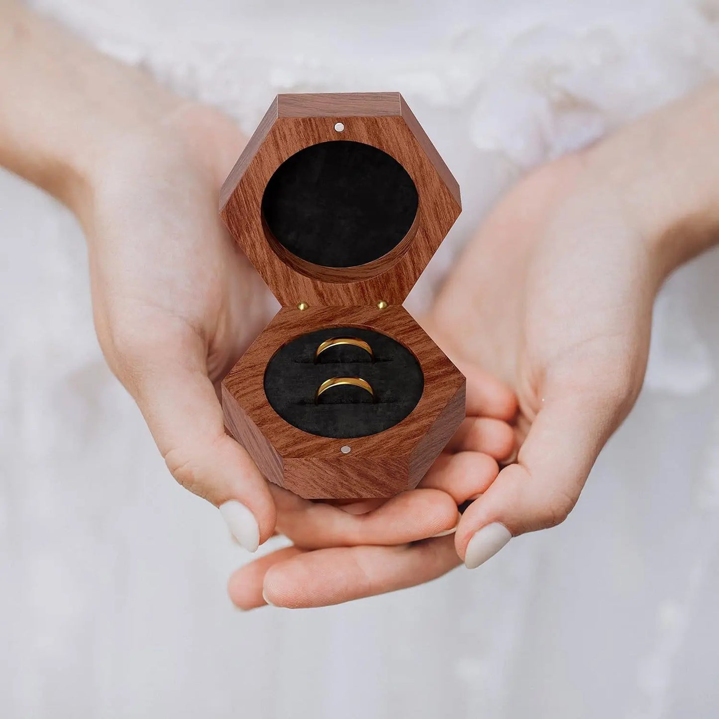 Boîte alliance mariage bois hexagonale double bague