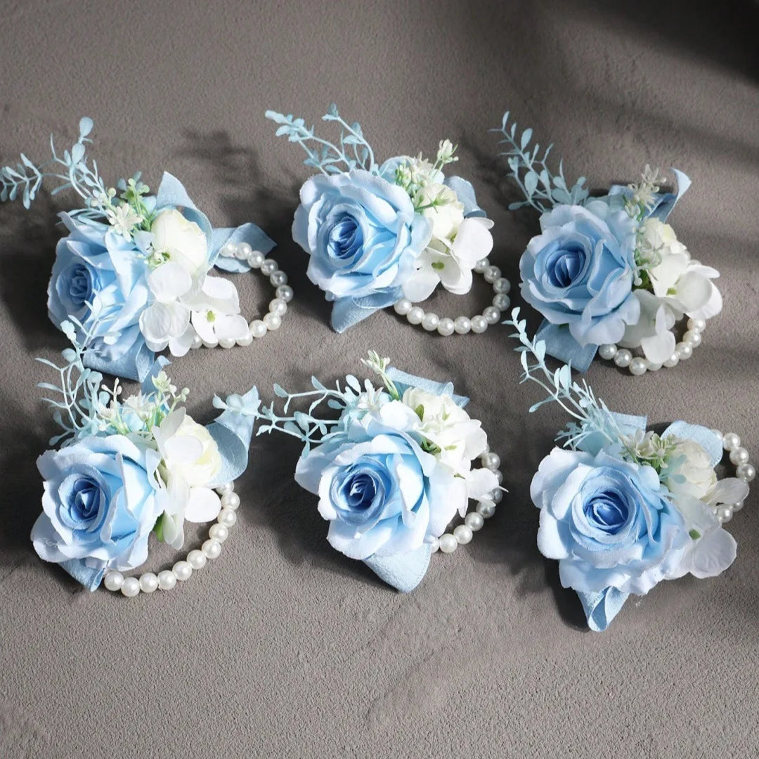 Boutonnière mariage rose bleue — vue 3