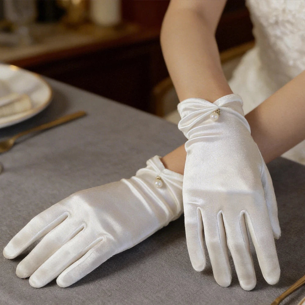 Gants Mariée Satin Courts à Perles