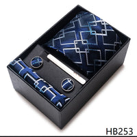 Coffret Cravate Mariage Homme Pochette et Boutons de Manchette — Marine Motif Graphique Blanc