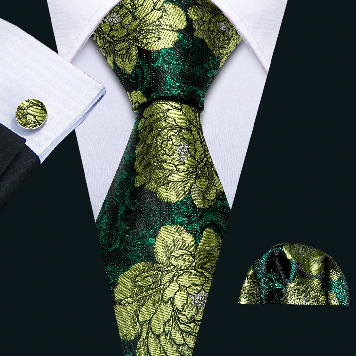 Cravate Mariage Homme Verte Pochette Boutons de Manchette