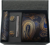 Coffret cravate mariage pochette et boutons manchette — Marine paisley or