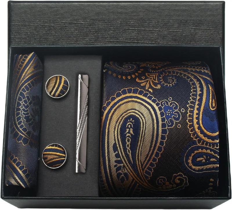 Coffret cravate mariage pochette et boutons manchette — Marine paisley or
