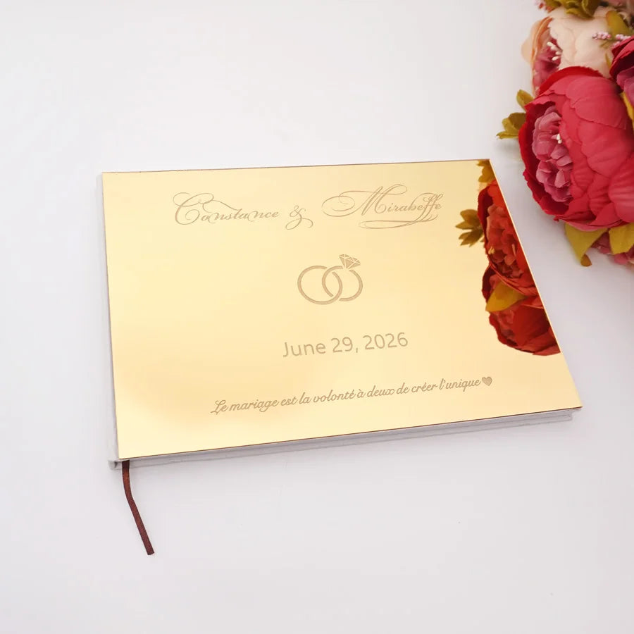 Livre d'Or Mariage Personnalisé Effet Miroir Doré ou Argenté