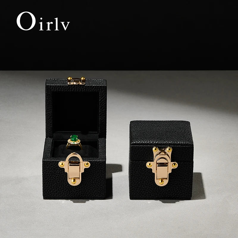 Oirlv Genuine Leather Ring Box Luxury Single Ring Storage Case with Gold Lock, Premium Jewelry Gift Box for Proposal, Engagement