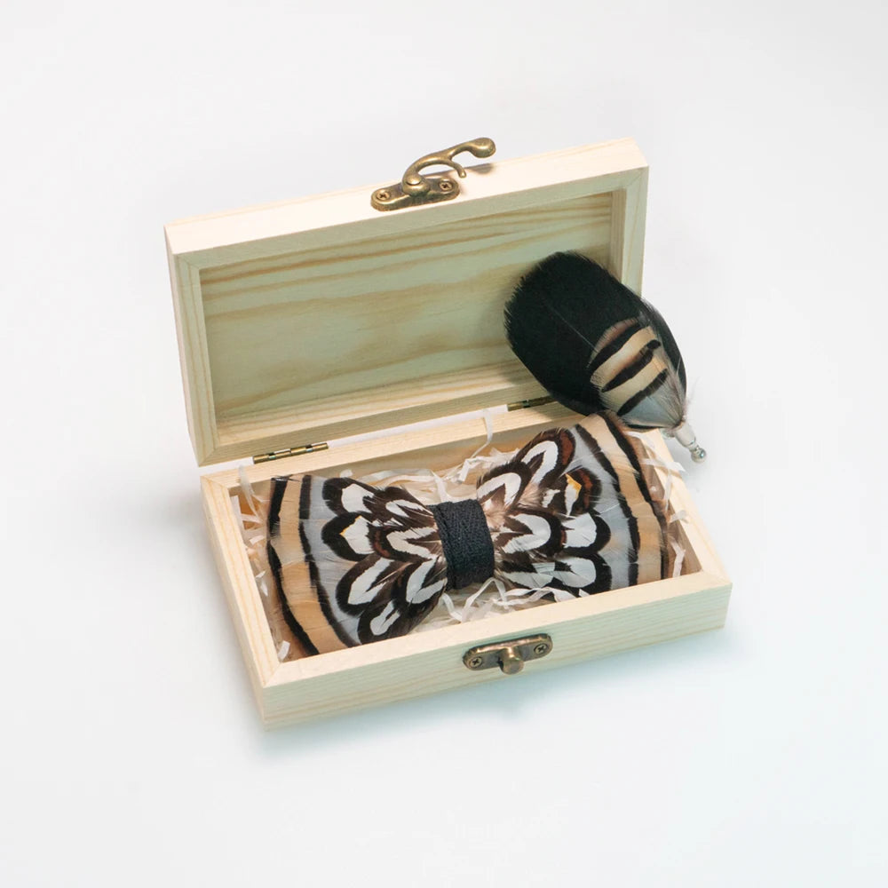 Nœud papillon mariage plumes coffret bois — vue 8