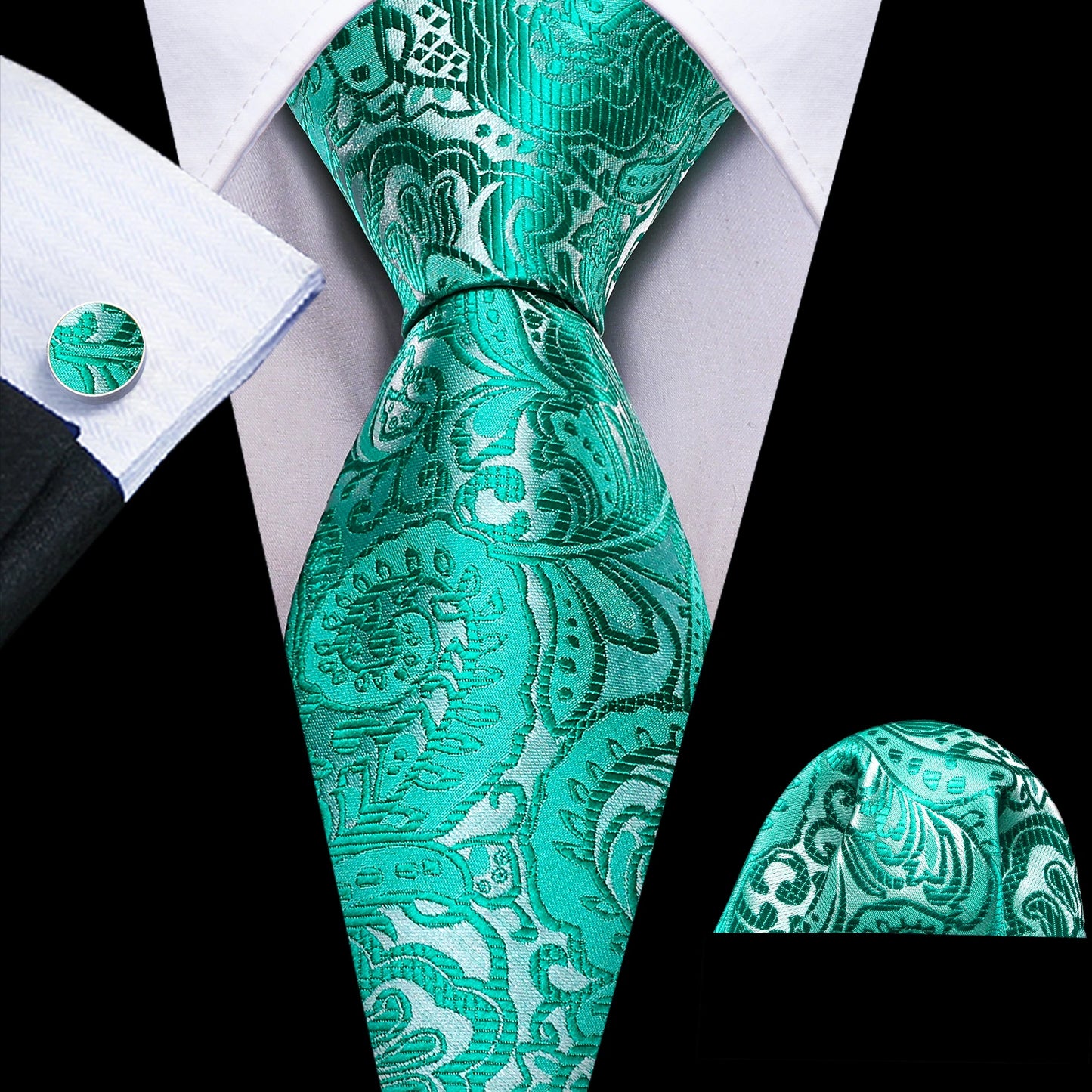 Cravate Mariage Homme Verte Pochette Boutons de Manchette