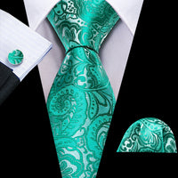 Cravate Mariage Homme Verte Pochette Boutons de Manchette — Turquoise Damassé