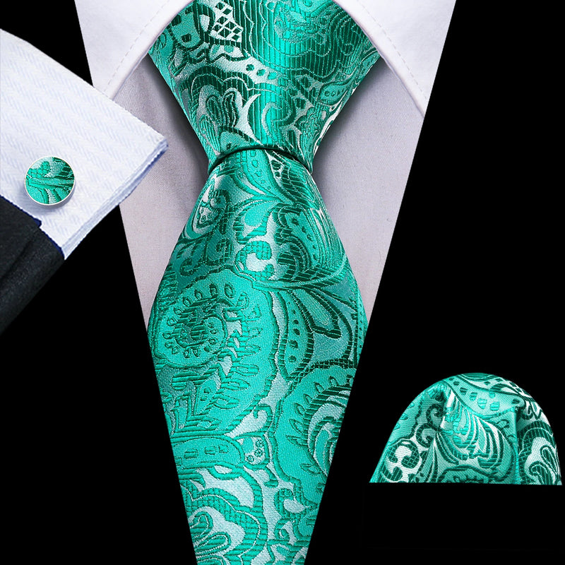 Cravate Mariage Homme Verte Pochette Boutons de Manchette — Turquoise Damassé