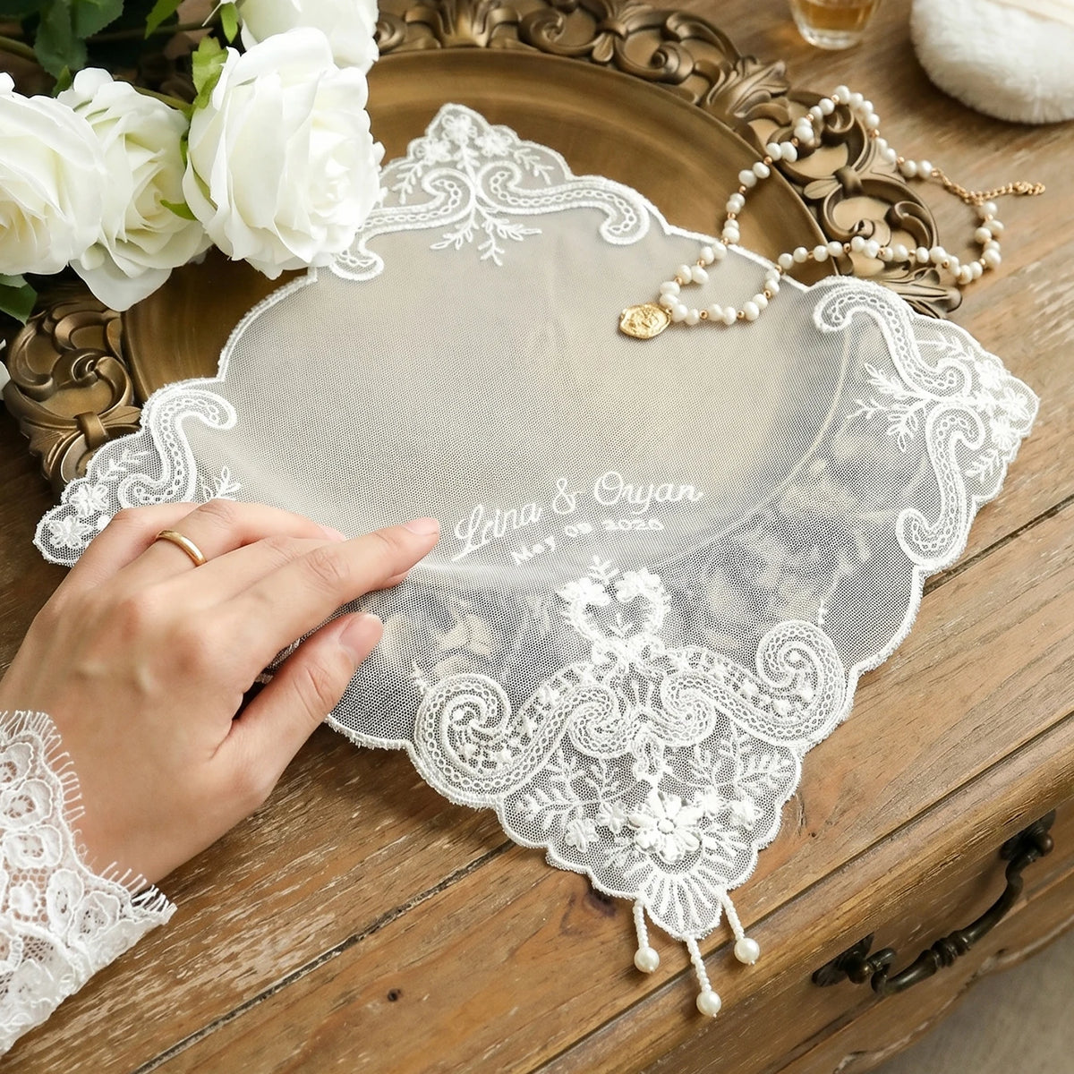 Mouchoir Mariage Personnalisé Brodé Dentelle