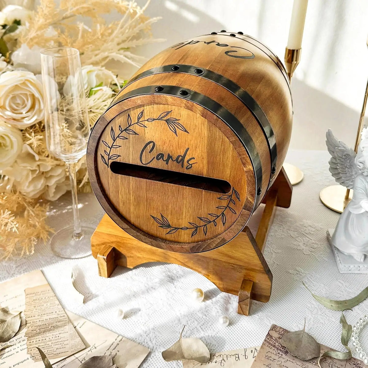 Urne mariage tonneau bois champêtre gravé