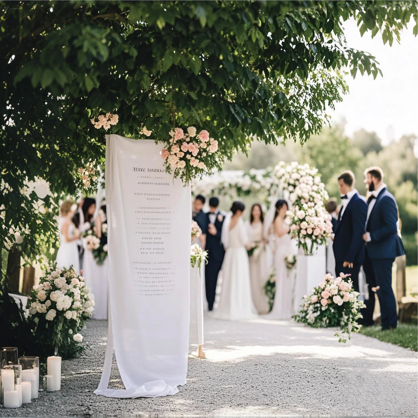 Panneau Bienvenue Mariage Tissu Blanc Suspendu