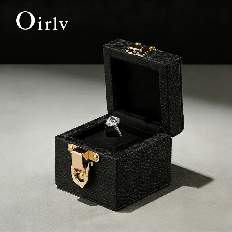 Oirlv Genuine Leather Ring Box Luxury Single Ring Storage Case with Gold Lock, Premium Jewelry Gift Box for Proposal, Engagement