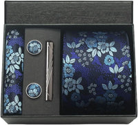 Coffret cravate mariage pochette et boutons manchette — Marine à fleurs bleues