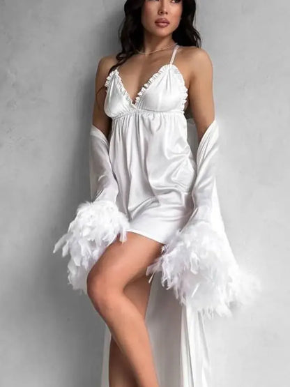 Peignoir Mariée Long et Nuisette Satin