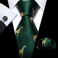 Cravate Mariage Homme Verte Pochette Boutons de Manchette — Vert Sapin Motif Girafe
