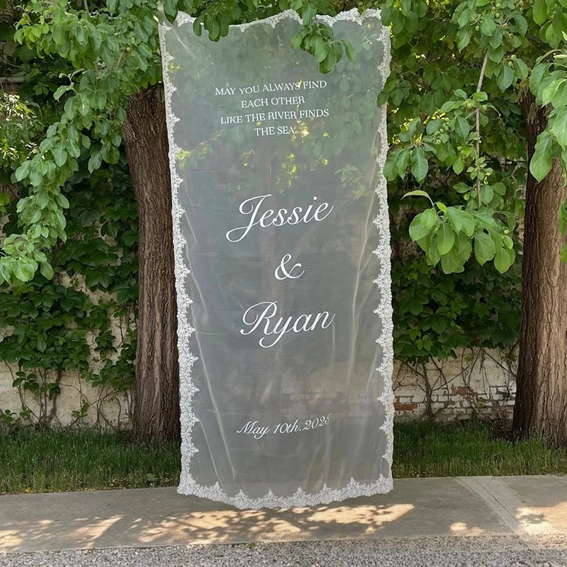 Panneau bienvenue mariage personnalisé tissu dentelle