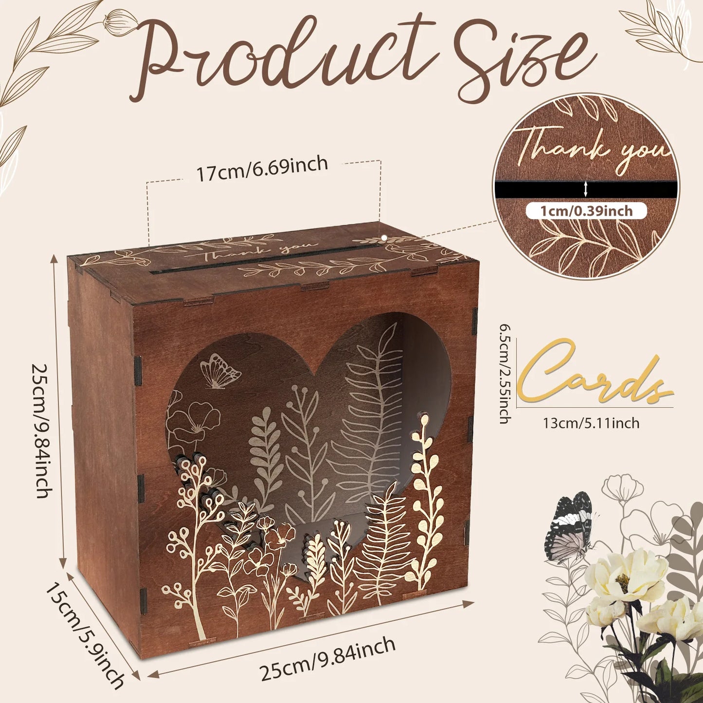 Urne mariage bois cœur et fleurs gravées