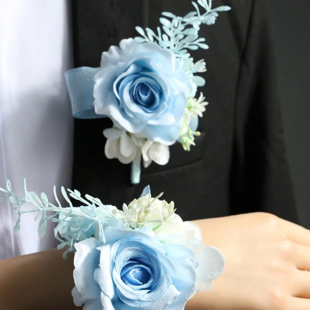 Boutonnière mariage rose bleue — vue 5