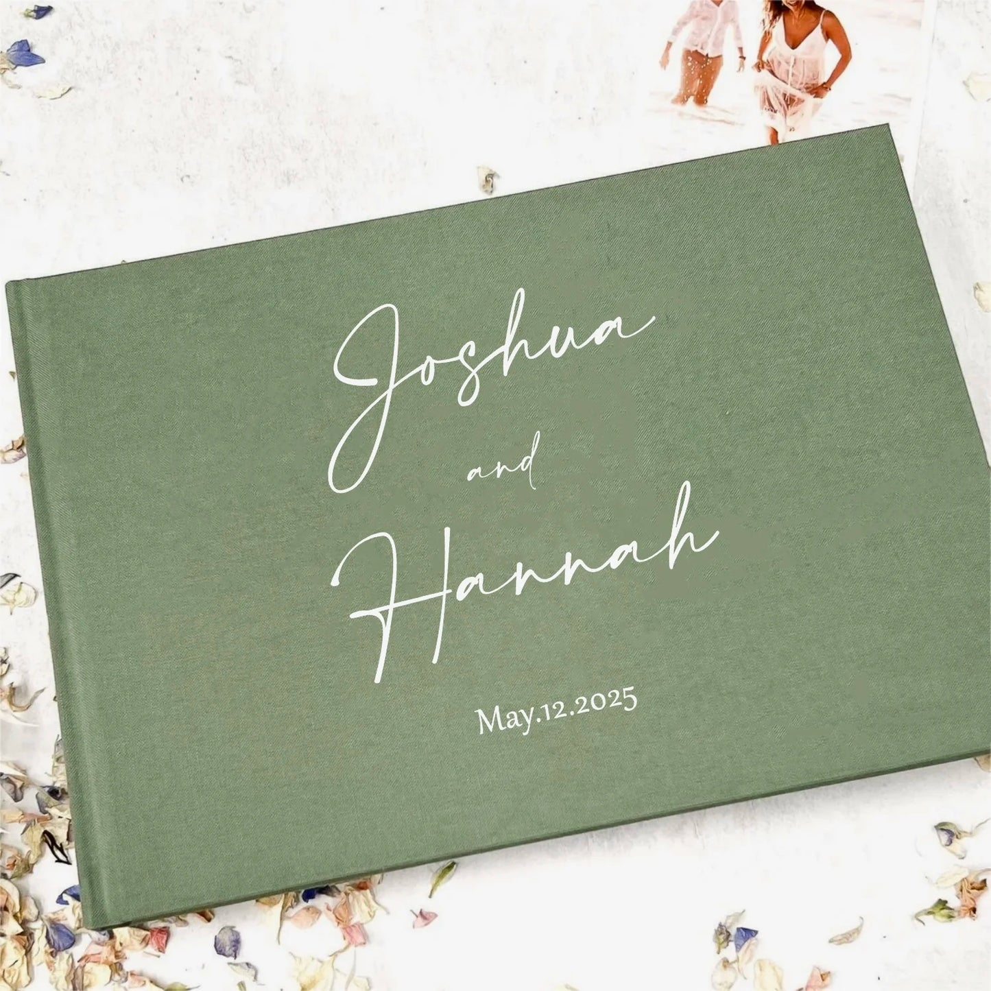 Livre d'or mariage chic lin vert personnalisé