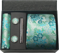 Coffret cravate mariage pochette et boutons manchette — Vert d'eau fleuri
