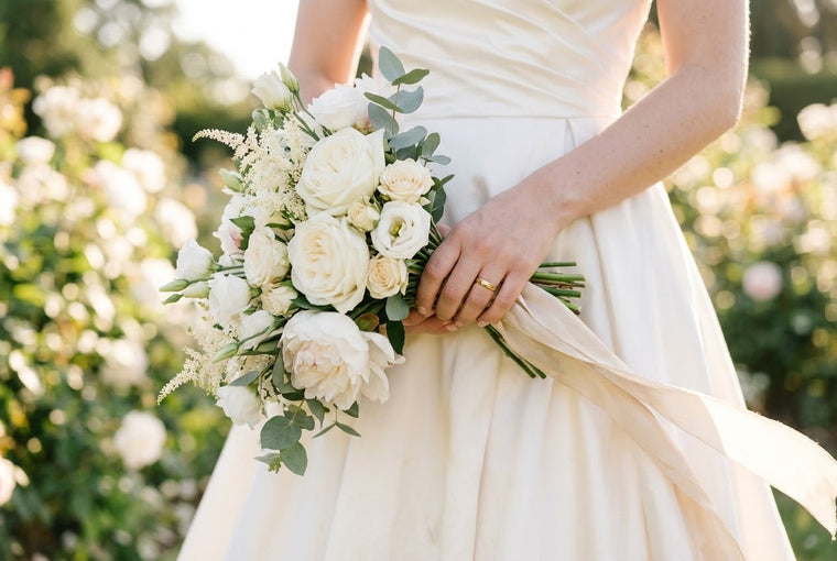 Mariée tenant un bouquet de roses blanches et d'eucalyptus noué d'un ruban champagne