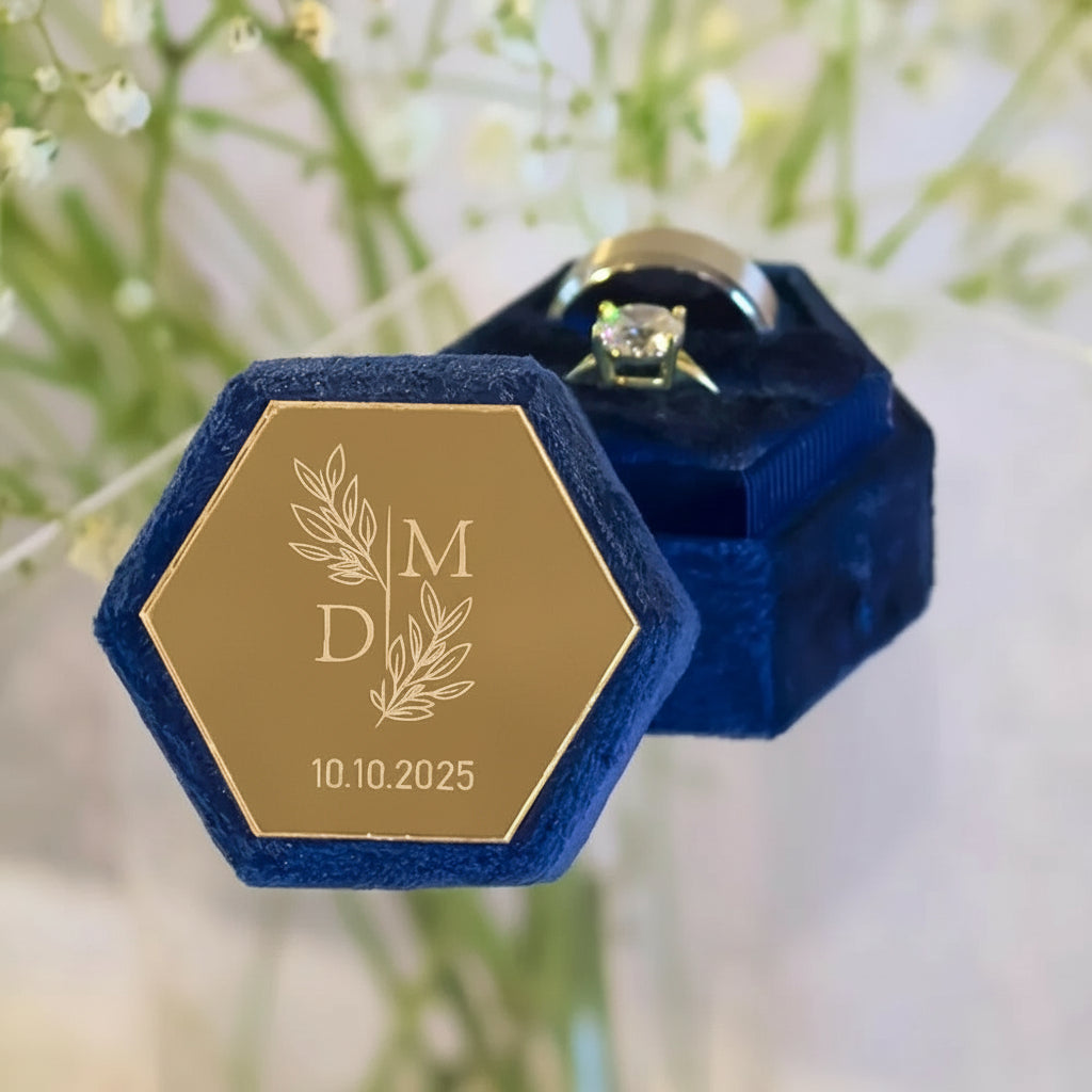 Boite alliance mariage personnalisé velours bleu foncé