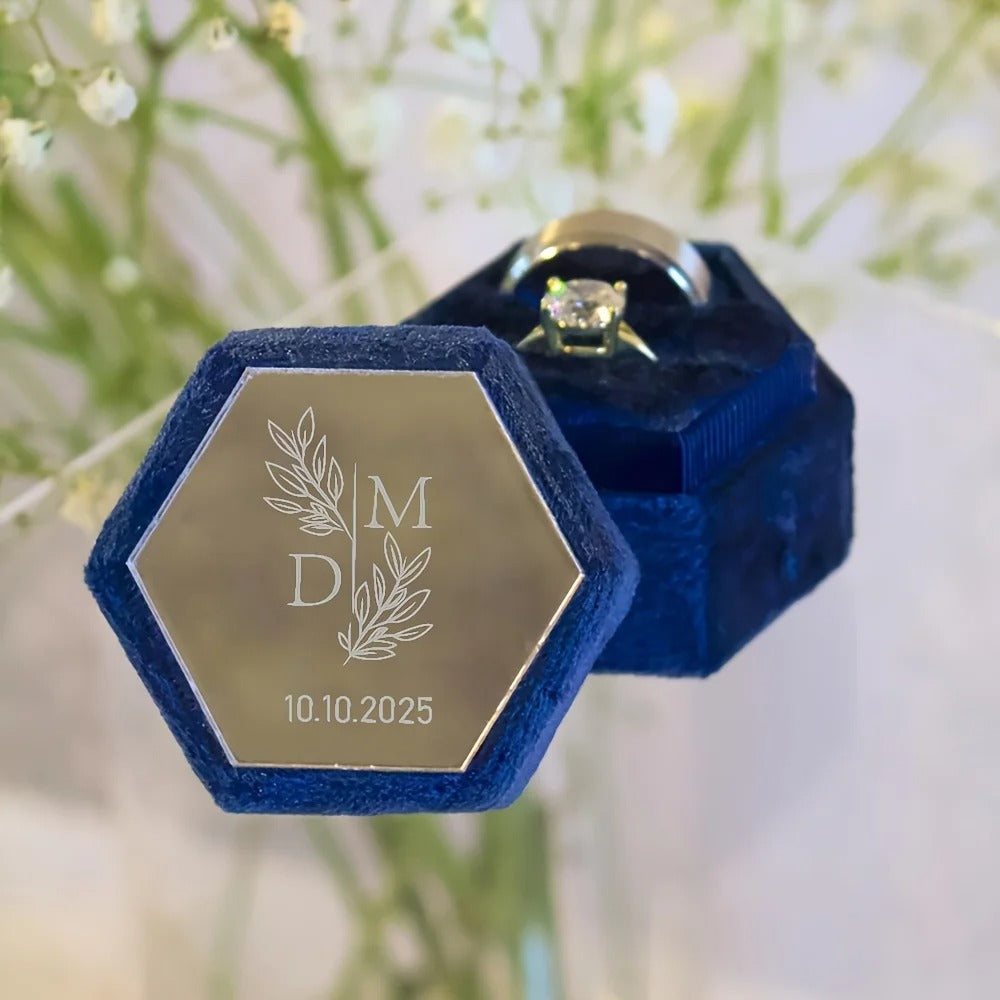 Boite alliance mariage personnalisé velours bleu foncé